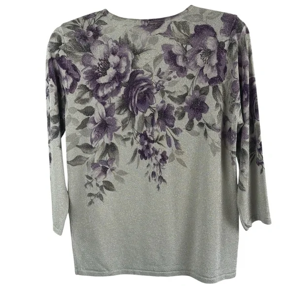 Women’s Floral Glitter Knit Top with Embellished Neckline - Purple/Gray - Picture 4 of 16